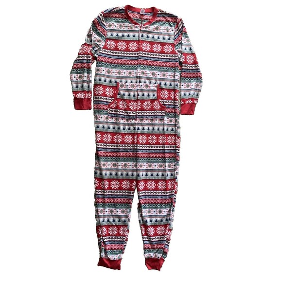 Fleece Men's One Piece W/Pockets Multicolor Christmas Pajamas  Size XL - EUC - Picture 1 of 3
